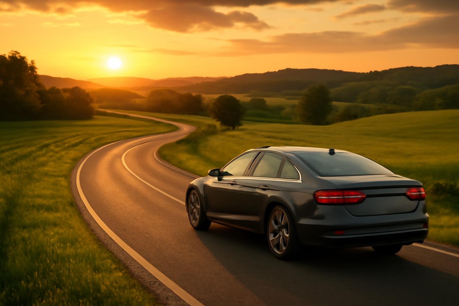 route-campagne-voiture-coucher-soleil