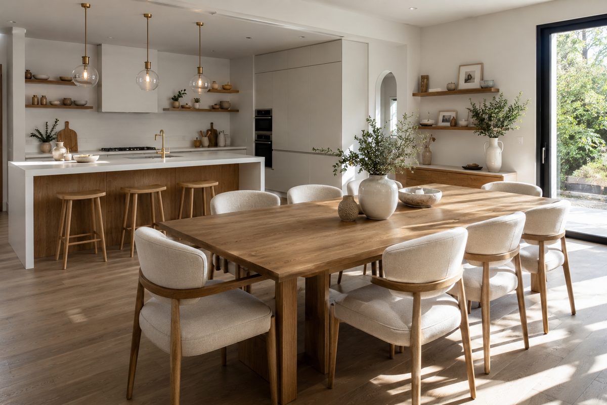 Ambiance séjour et cuisine ouverte imaginée par Maison Thabika